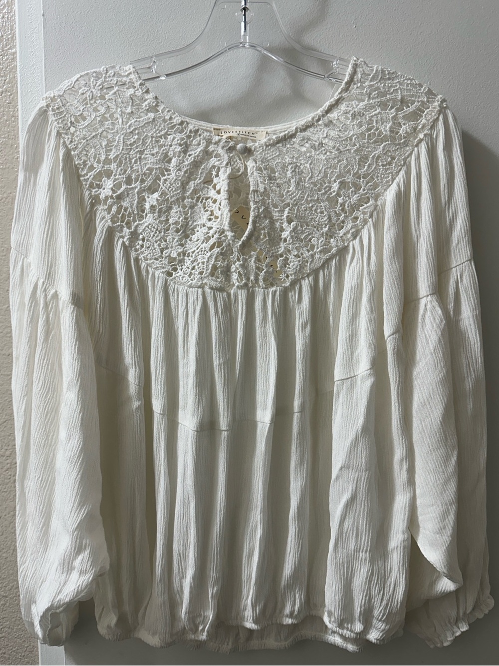 Lovestitch Cream Crochet Yoke Peasant Bubble hem Top